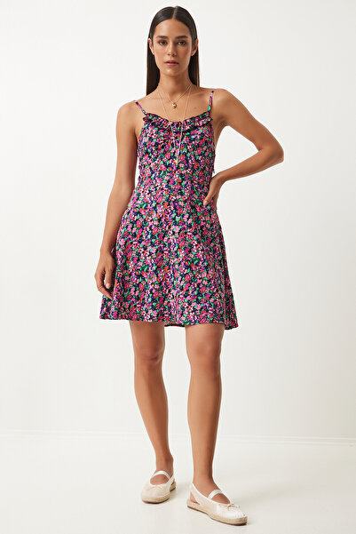 Happiness İstanbul Rózsaszín zöld mintás texturált női ruha - pántos FN03193