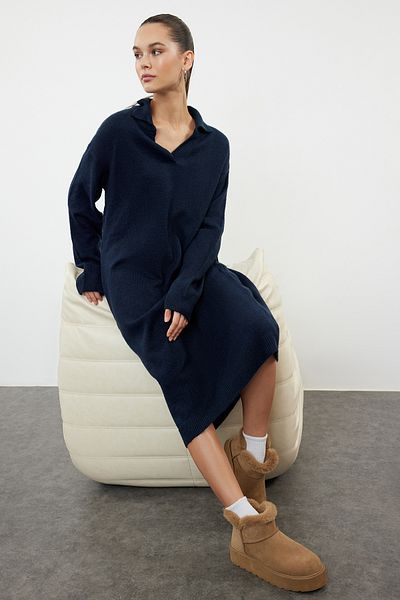 Trendyol Collection Темно-синя сукня-міді з м'якою фактурною кофтою TWOAW24EL00520