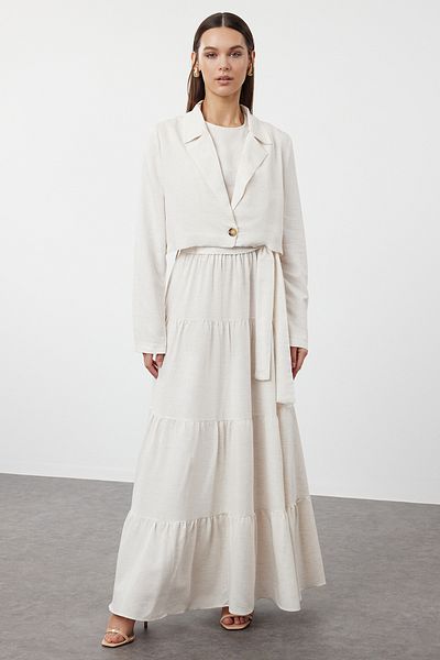 Trendyol Modest Bézs Crop ruha és kabát szett - öves, szövött TCTSS24US00082