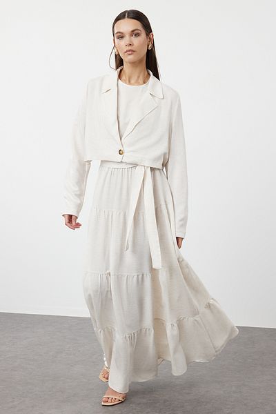 Trendyol Modest Bézs Crop ruha és kabát szett - öves, szövött TCTSS24US00082