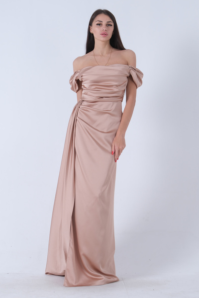 Feminist Drape Detaylı Saten Kumaş Abiye Elbise Bej 9704858