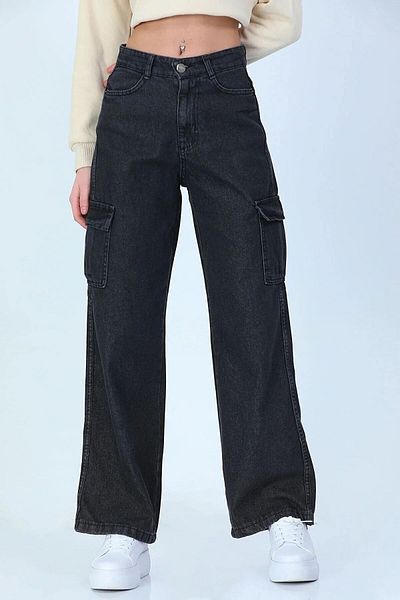 Asortix Girl's Cargo Pocket Detailed High Waist Wide Leg Jeans