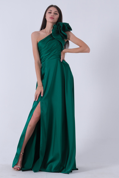 Feminist Emerald Satin Evening Dress - Shoulder Bow1302192