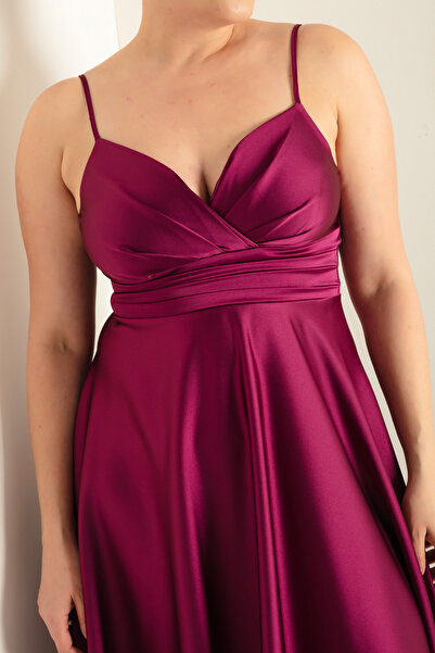 Lafaba Women's Plum Rope Strap Waist Belted Satin Midi Plus Size Evening Dress