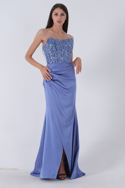 Feminist Blue Satin Evening Dress - Sequin and Stone Detailed9705294