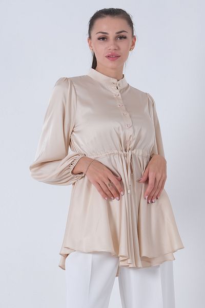 Feminist Beige Satin Tunic - Elastic Sleeve, Waist Tie44510418