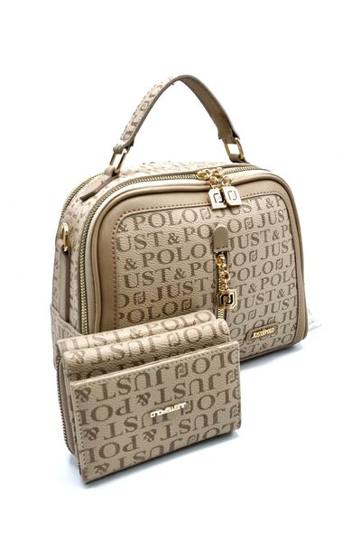 Just Polo حقيبة يد وكتف نسائية كريمية مكونة من 4 أقسام ومحفظة