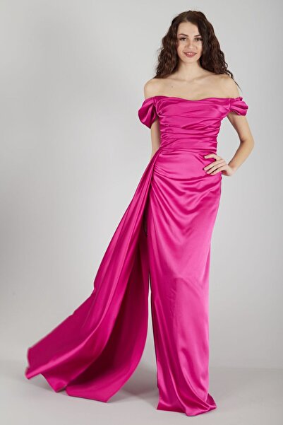 Feminist Drape Detaylı Saten Kumaş Abiye Elbise Fuşya 9704858