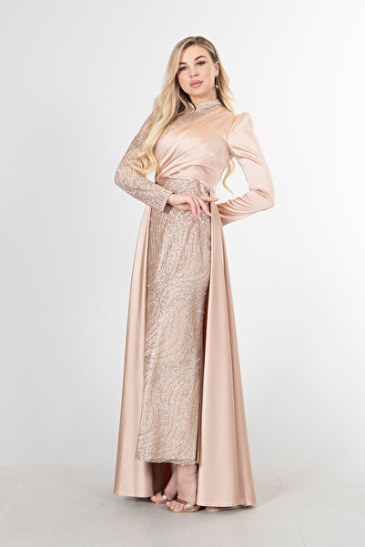 Feminist Drape Ve Kuyruk Detaylı Simli Abiye Elbise Bej 6502422