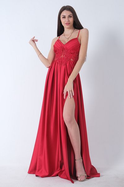 Feminist Satin Red Evening Dress with Tear Detail and Rope Strap9704981