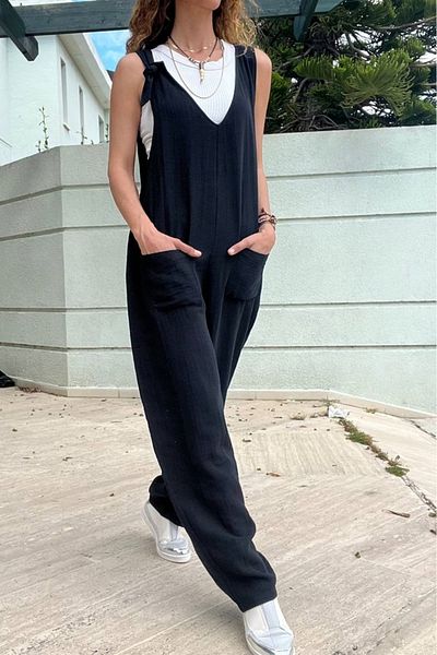 Güneşkızı Women's Black Muslin Strap Pocket Low Net Wide Leg Loose Jumpsuit BST700-3613