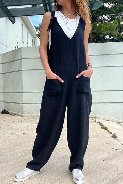 Güneşkızı Women's Black Muslin Strap Pocket Low Net Wide Leg Loose Jumpsuit BST700-3613
