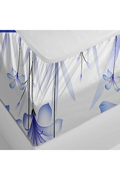 Else Dekor Μπλε φλοράλ εμπριμέ μοτίβο ελαστικό σεντόνι μονό με επένδυση 90x190cm