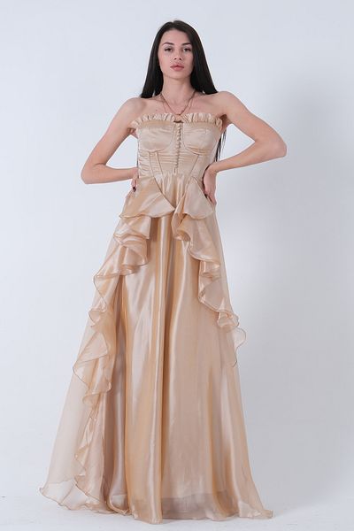 Feminist Strapless Collar Slit Skirt Frilly Evening Dress Gold9705234