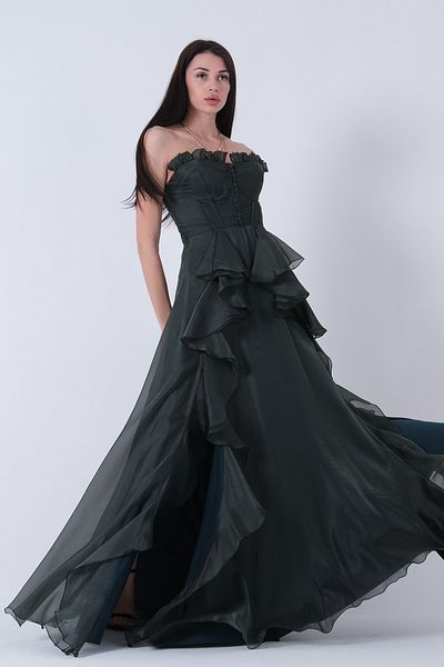 Feminist Strapless Collar Slit Skirt Ruffle Evening Dress Emerald9705234