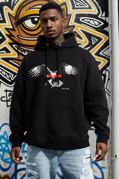 The Baski Hanorac premium unisex Black Eagle Defend imprimat de înaltă calitate, cu buzunar cangur