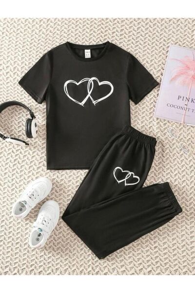 NoVibe Heart Printed Black Girl's Tracksuit Set