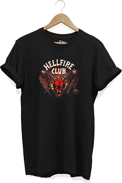 The Baski Siyah Unisex Stranger Things Hellfire Club Baskılı Kısa Kollu T-shirt