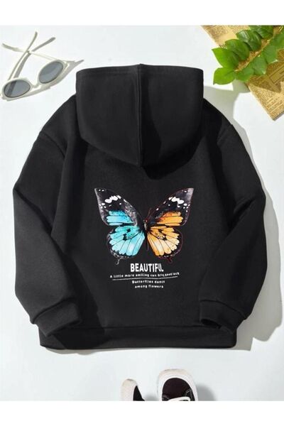 NoVibe Παιδικό Unisex Oversize Μαύρο Όμορφο Φούτερ με κουκούλα με στάμπα στην...