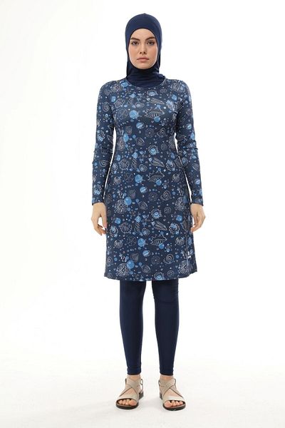 Ranuna 2310-2 Marine Pattern Water Repellent Fabric Hijab Swimsuit Navy Blue