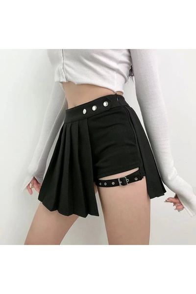 DarkellaStore Gotik Gothic Punk Harajuku Pileli Kemerli Mini Siyah Şort Etek