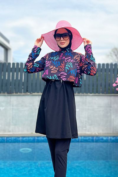 Remsa Mayo Costum de baie Remsa acoperit cu parașuta complet acoperit cu hijab R046 Culoare neagră Neon