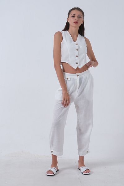 Feminist White Linen Vest Set -0106321