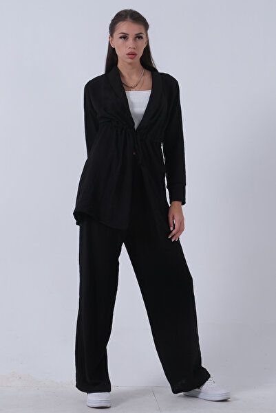Feminist Keten Pantolonlu Takım Siyah 0106319