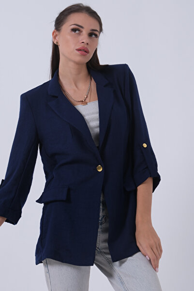 Feminist Kolları Düğme Toparlamalı Keten Ceket Lacivert 01051361