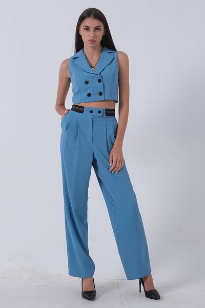 Feminist Baby Blue Lycra Crepe Vest Trousers Set -0106323