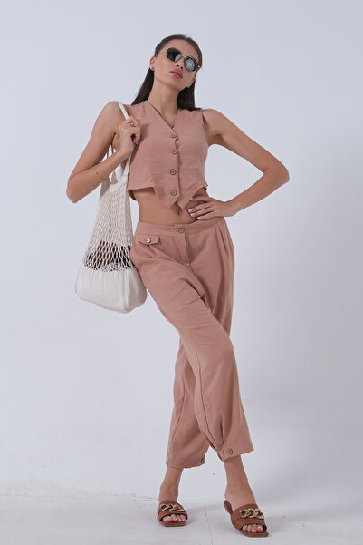 Feminist Keten Yelekli Takım Camel 0106321