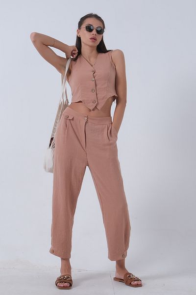 Feminist Camel Linen Vest Set -0106321