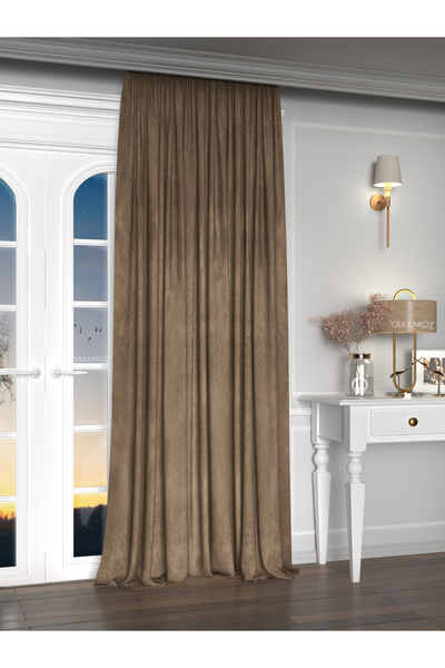 Yakamoz Kadife Görünüm Kaju Rengi Ada Fon Perde Ekstraforlu Velvet Touch Serisi