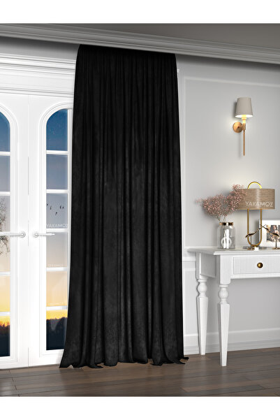 Yakamoz Kadife Görünüm Siyah Ada Fon Perde Ekstraforlu Velvet Touch Serisi