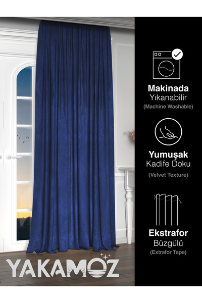 Yakamoz Kadife Görünüm Gece Mavisi Ada Fon Perde Ekstraforlu Velvet Touch Serisi