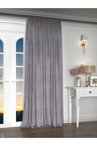 Yakamoz Kadife Görünüm Gümüş Grisi Ada Fon Perde Ekstraforlu Velvet Touch Serisi