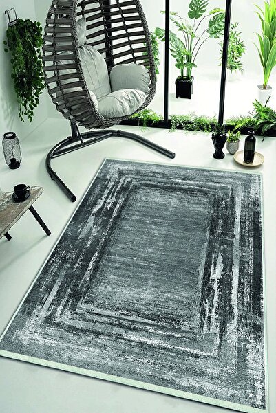 HaLıFoRuM Eskitme Gri Renk Yıkanabilir Kaymaz Taban Salon Halısı Ipeksi Hy-1306