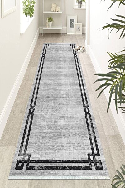 HaLıFoRuM Gri Siyah Çerçeveli Yıkanabilir Kaymaz Taban Yolluk Ipeksi Sd-405