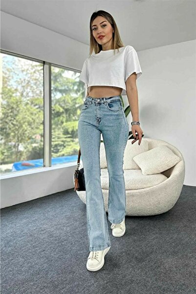 DRC trend Milla Likralı Kadın Buz Mavi Yüksek Bel Flare Jean Ispanyol Paça Kot Pantolon