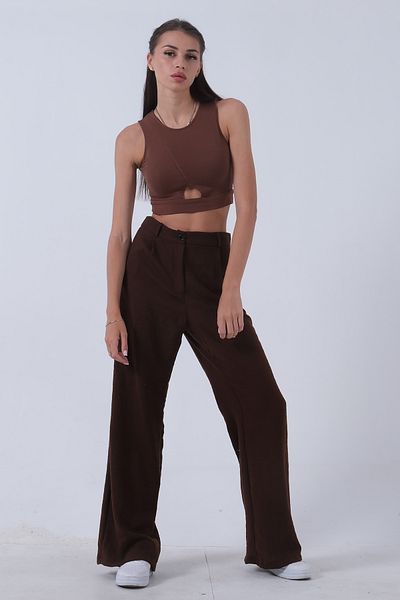 Feminist High Waist Linen Trousers - Wide Leg, Brown01020661