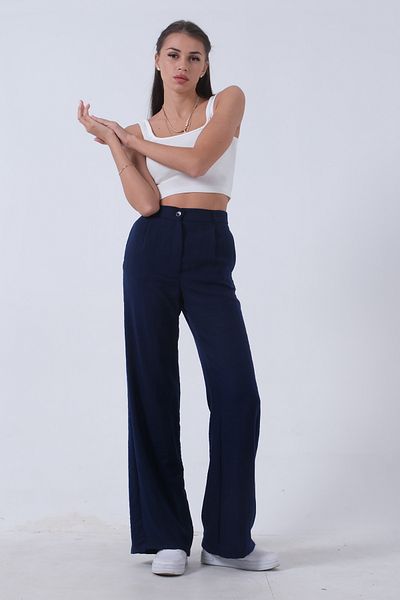 Feminist Navy Blue High Waist Wide Leg Linen Trousers -01020661
