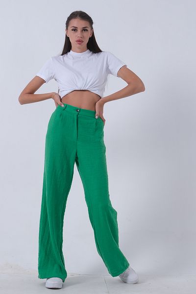 Feminist Green Linen Trousers - High Waist and Wide Leg01020661