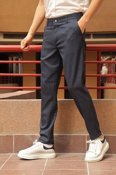 inpool Men's Navy Plaid Pattern Slim-fit Polyviscose Trousers