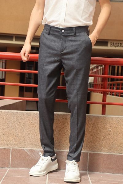 inpool Men's Navy Blue Plaid Pattern Slim-fit Polyviscose Trousers