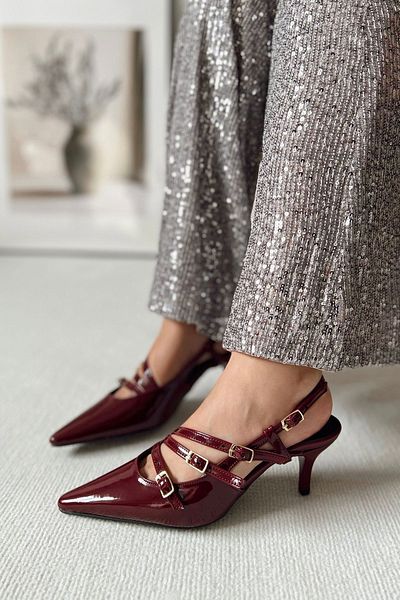 POLKA STORE Obsession Triple Pointed Toe Three-Striped Buckle Burgundy Patent Leather Heeled Cherry Red Women's Shoes