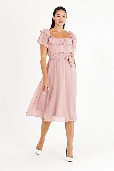 Bersi Butik Kadın Carmen Yaka Pudra Şifon Elbise