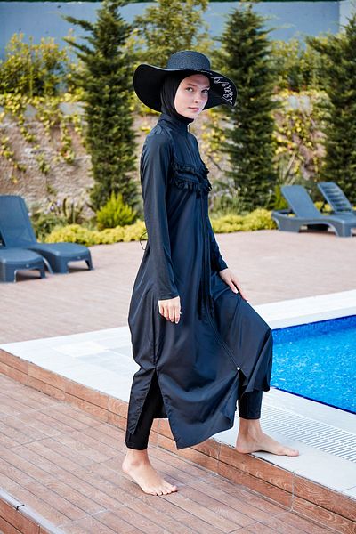 Marina Black Tasseled Parachute 4-Piece Long Full Coverage Hijab Swimsuit 1998