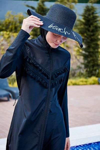 Marina Black Tasseled Parachute 4-Piece Long Full Coverage Hijab Swimsuit 1998