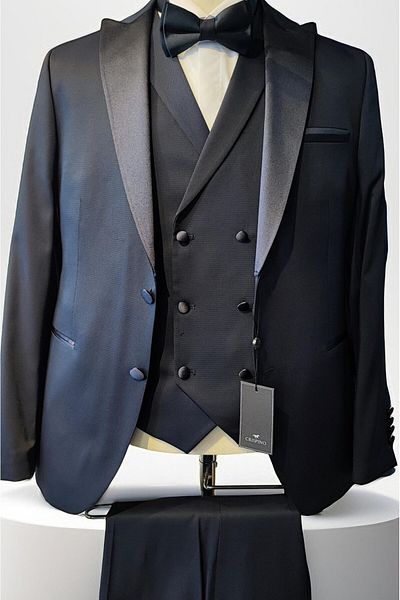 crispino Navy Blue Men's Tuxedo Suit - Groom Suit Jacket, Trousers and Vest