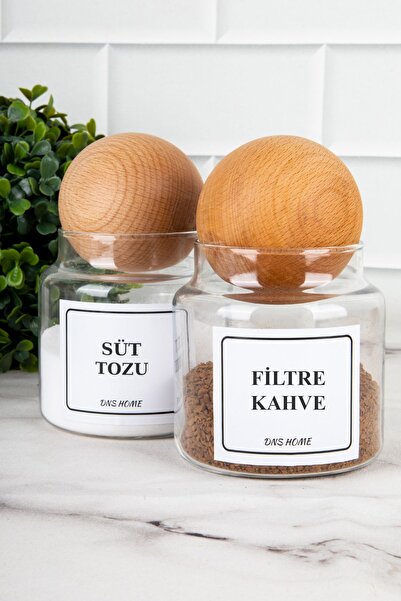 DNS HOME 500 ml Capacity 2-Piece Wooden Ball Glass Storage Set - Coffee and Milk Powder Labeled